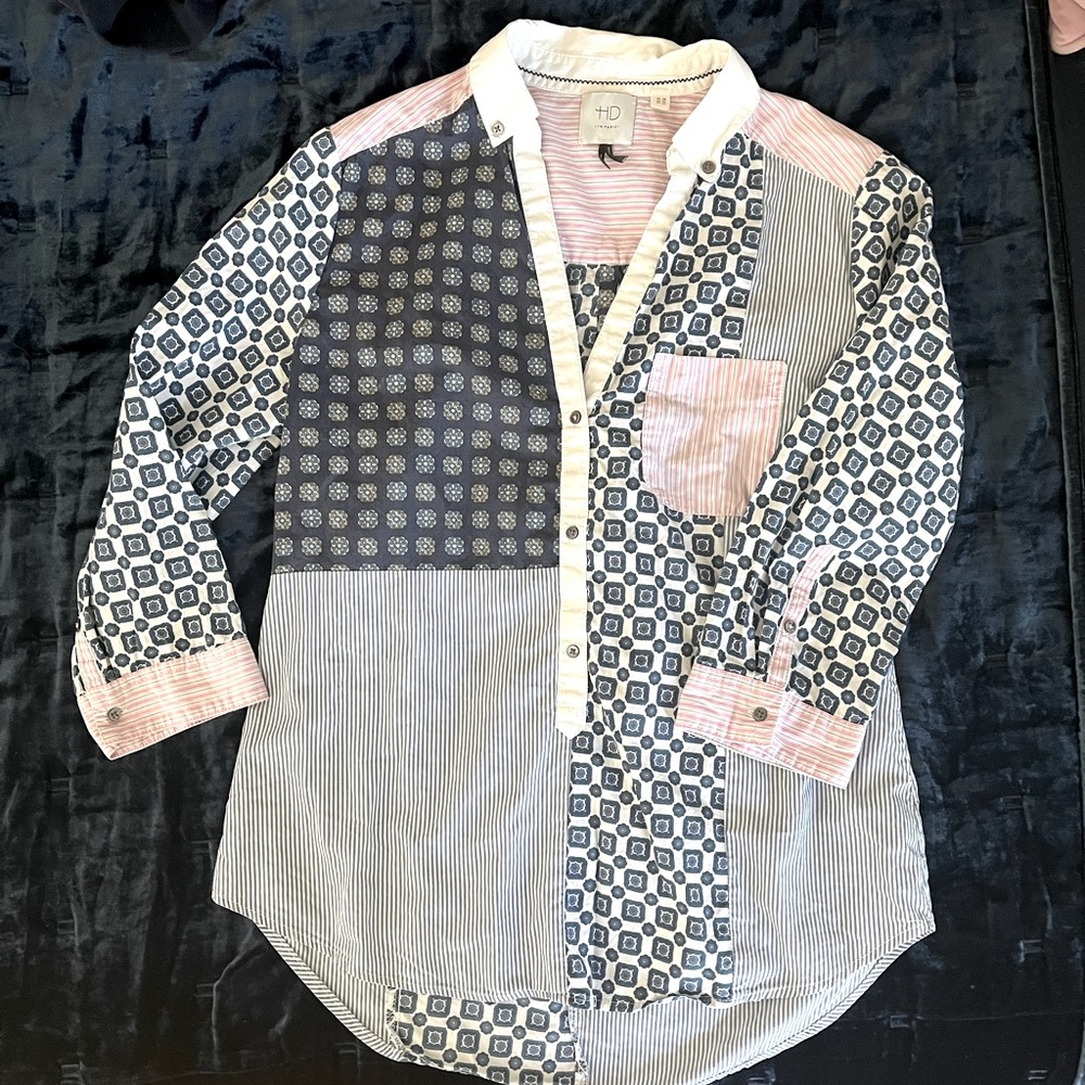 HD in Paris Anthropologie blouse patch work unique EUC!